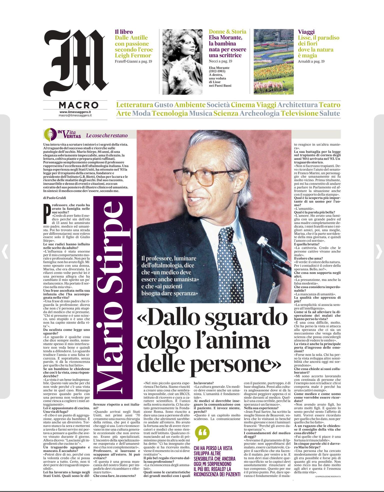 Prof Mario Stirpe articolo Il Messaggero 27 Aprile 2023